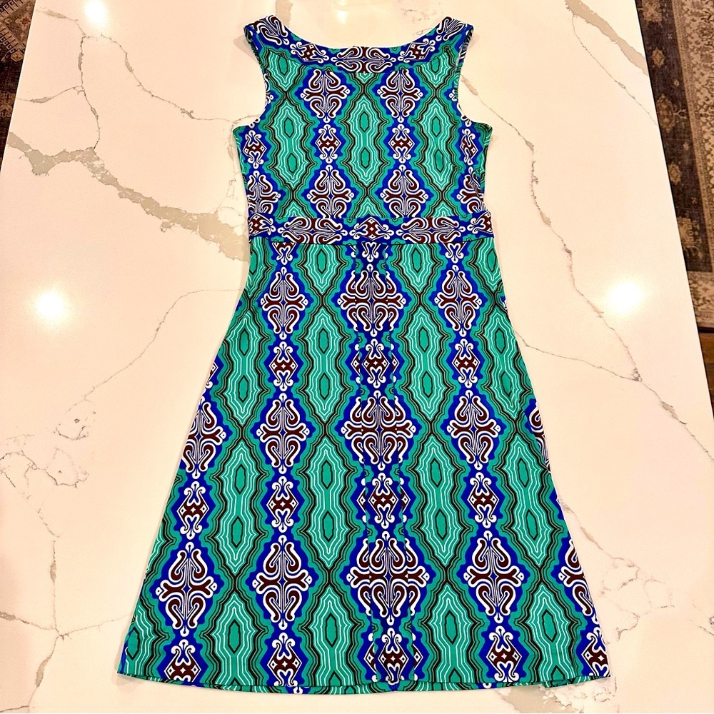 Tory Burch Womens Silk Sleeveless A-Line Dress Sz M Blue Green Geometric Stretch